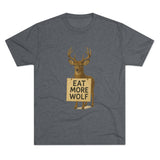 Deer Holding 'EAT MORE WOLF' Graphic Tee — 'FISH HUNT FOREVER' Back Print