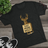 Deer Holding 'EAT MORE WOLF' Graphic Tee — 'FISH HUNT FOREVER' Back Print